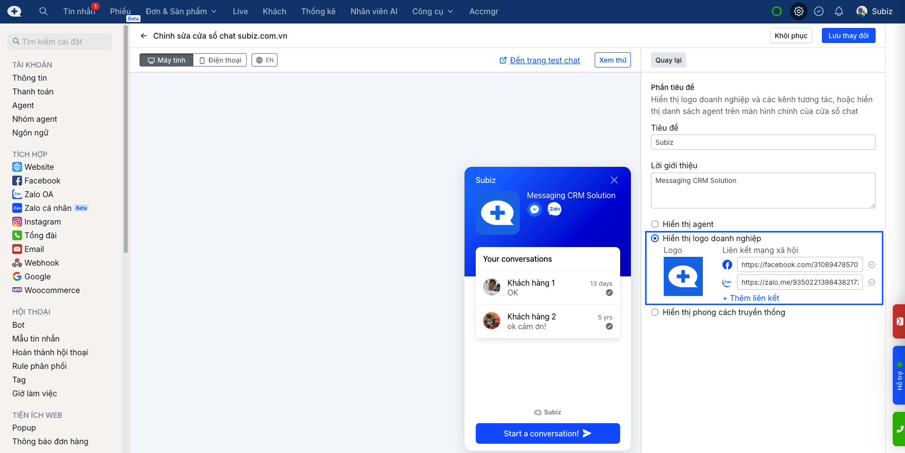 Lựa chọn Hiển thị logo doanh nghiệp cho cửa sổ chat trên từng website.